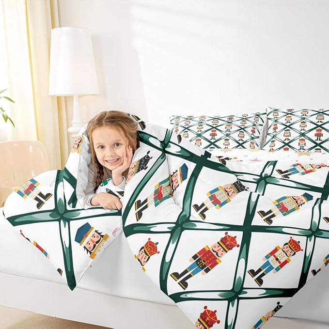 Feelyou Cute Nutcracker Bedding Set Soft for Boys Girls,Green Lattice Pattern Comforter Set Twin Size Colorful Duvet Quilt Microfiber Funny Soldier Bedroom Decor Kawaii 2 Pcs with 1 Pillow Cases
