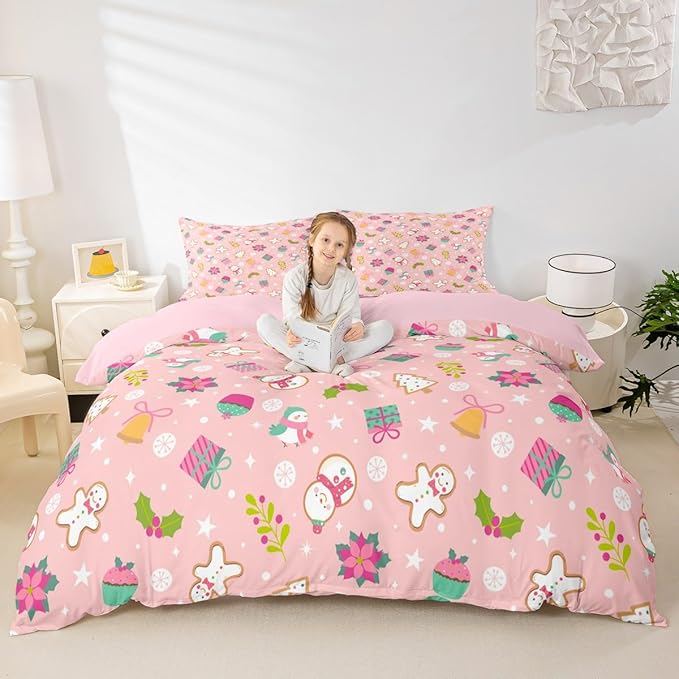 Christmas Kids Bedding Set Cartoon Christmas Tree Snowman Duvet Cover for Boys Children Teens Bedroom Decor Flower Birds Comforter Cover Set Pink New Year Bedspread Cover King Size with 2 Pillow Case