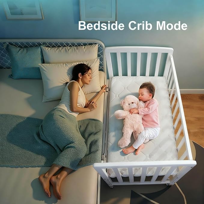 Portable Mini Baby Crib - Convertible Baby Cribs with Soft Foam Mattress(33 * 20"),6 Heights Bedside Bassinet Sleeper,Wheeled Bedside Crib Co Sleeper for Small Space,White
