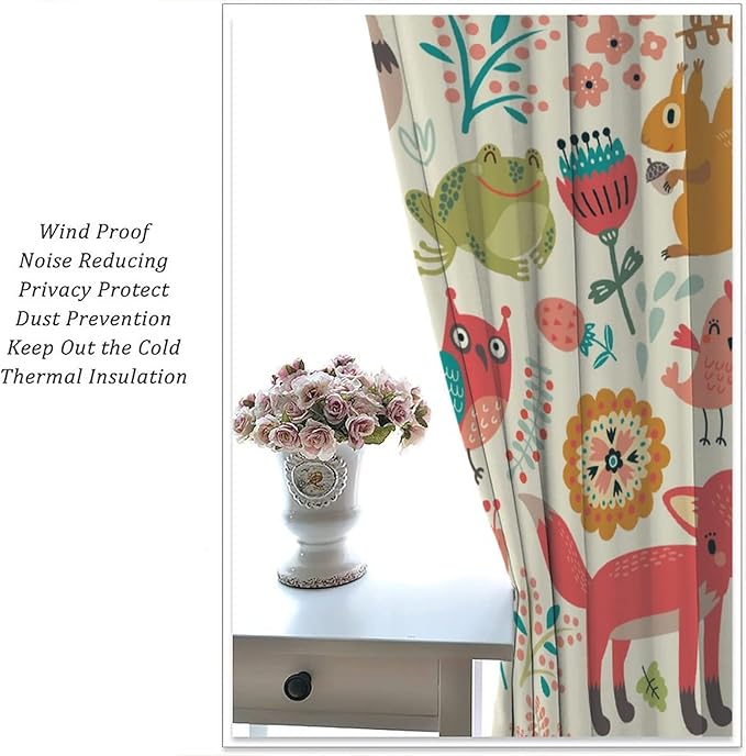 Kids Baby Woodland Blackout Curtains,Forest Animals Plants Cartoon Funny Colorful Deer Fox Owl Pattern Thermal Insulation Window Drapes for Boys Girls Children's Bedroom 72x63in