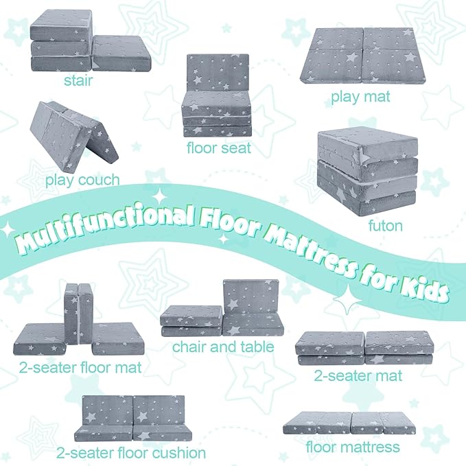 MeMoreCool Foldable Floor Mattress for Kids, Glow Toddler Nap Mat for Sleeping and Daycare, Portable Trifold Futon Mattress Floor Bed, Star