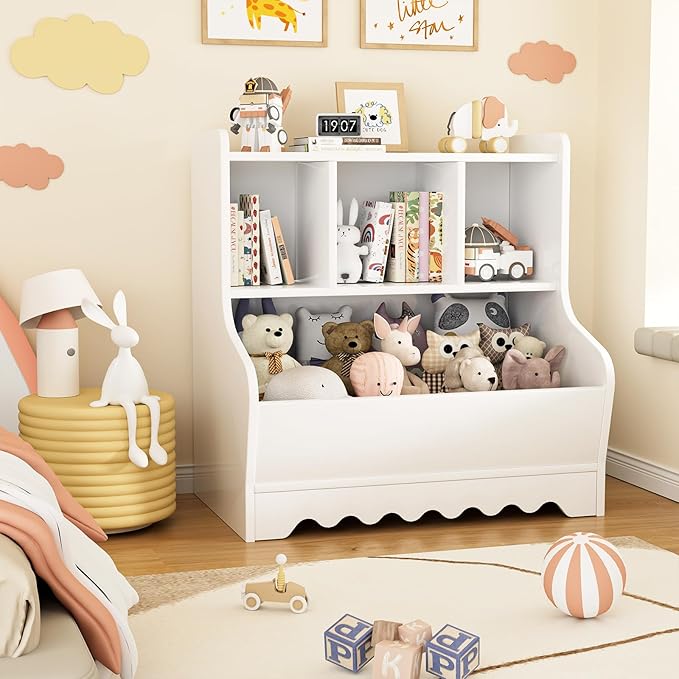 Kids Bookshelf, Toddler Toy Storage Organizer, Wooden 4 Cubby Children Book Shelf for Playroom, Bedroom, Nursery, Classroom
