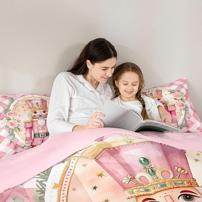 Feelyou Christmas Comforter Set All Season Pink Nutcrackers Bedding Set with 2 Pillow Cases Rose Kids Queen Bedclothes Floral Bedroom Decor Funny Nutcracker Duvet Quilt Breathable Soft Lightweight
