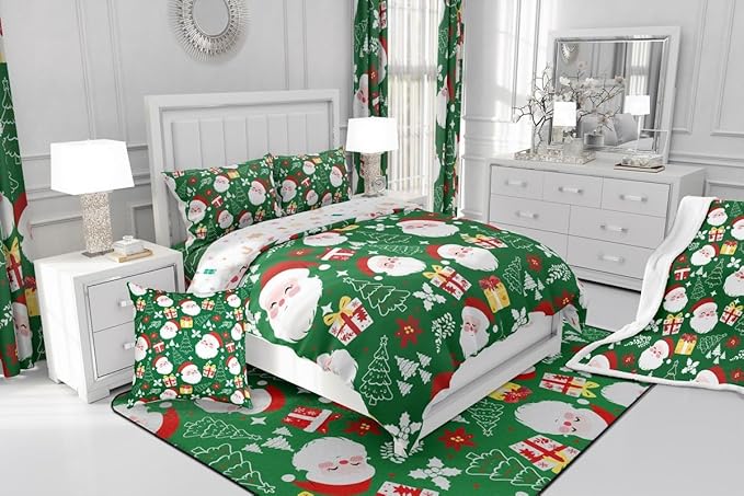 jejeloiu Santa Claus Comforter Set King Size Merry Christmas Bedding Set for Kids Boys Girls Xmas Themed Duvet Quilt Green Bedroom Decor