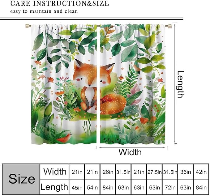 Kids Fox Blackout Curtain Cute Cartoon Fox Window Treatment for Girls Boys Bedroom Wildlife Woodland Animal Botanical Plant Window Drapes for Living Room Teens Nursery W42xL45