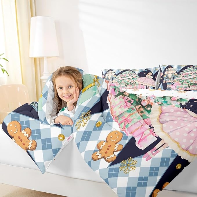 jejeloiu Christmas Nutcracker Comforter Set King Size Gingerbread Man Bedding Set for Kids Boys Girls Xmas Tree Duvet Quilt Dark Blue Bedroom Decor