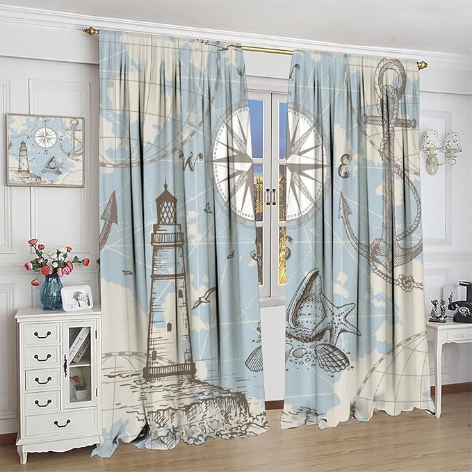 Nautical Theme Window Curtains,Pirate Sailboat Curtains for Bedroom,Conch Starfish Print Draperies for Living Room,Ocean Window Treatment Curtains Set 2 Panels,63x72 Inches