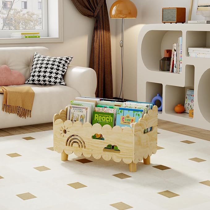 Wood Kids Bookshelf, Montessori Bookshelf, With 2 Adjustable Dividers, Suitable Kids Rooms, Nursery & Classroom, Kids Bookshelf And Toy Storage, Toddler Book Rack, Nursery Book Shelves, Wood color big