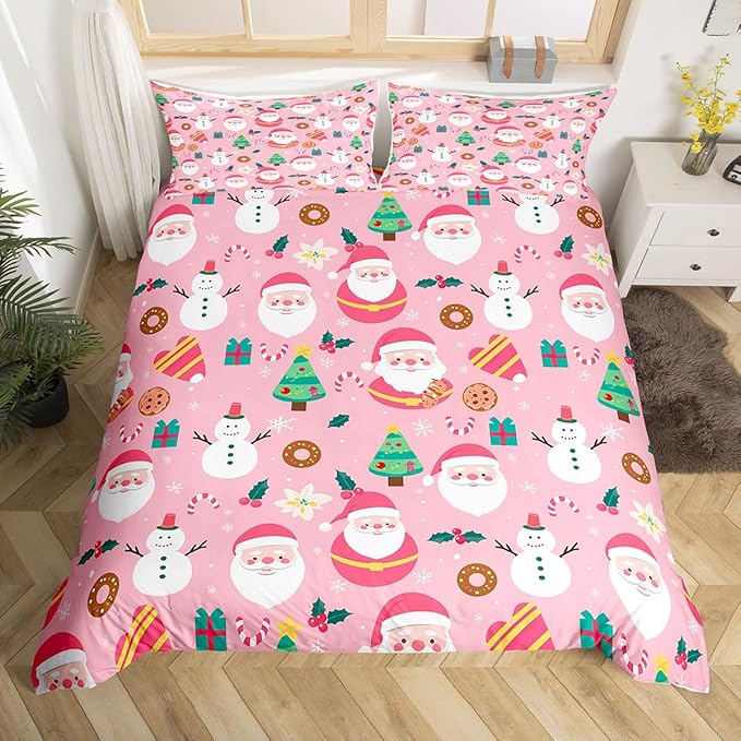 Feelyou Christmas Santa Comforter Cover King Size Cute Snowman Duvet Cover Xmas Holiday Bedding Set Gifts for Kids Boys Girls,Christmas Tree Snowflake Candy Decor 2 Pillow Cases Pink