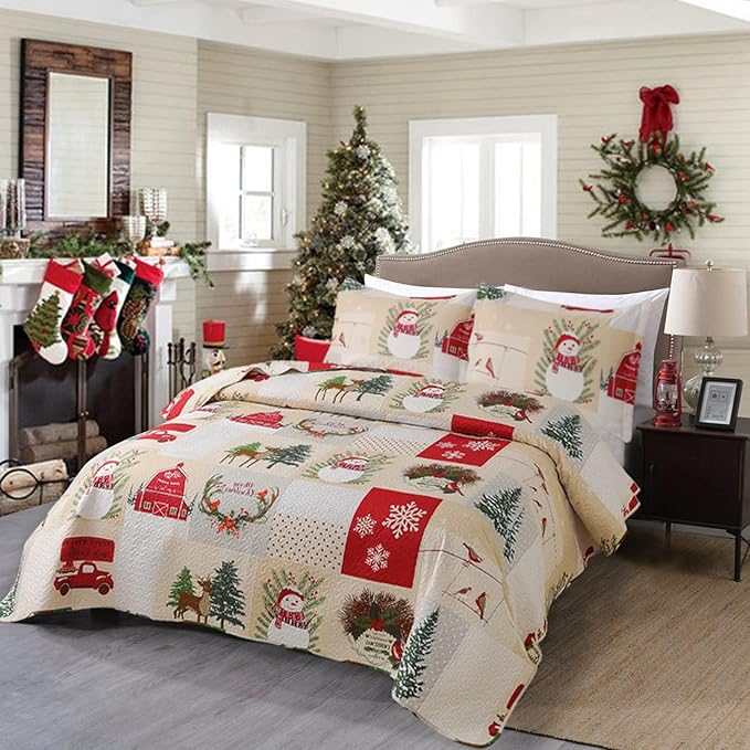 Christmas Quilt Set King Size Bedding Xmas Home Decor Holiday Quilt Lodge Snowman Plaid Patchwork Lightweight Quilt Set Bedding Reversible Christmas Bed Set