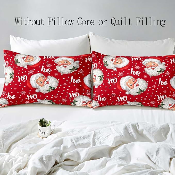 LUVIVIHOME 3PCS Santa Claus Duvet Cover King Bedding Set, Red Duvet Cover, Christmas Bedding, Polka Dot Snowflake Holiday New Year Xmas Gifts Christmas Comforter Bedspread Quilt Cover, 2 Pillow Cases