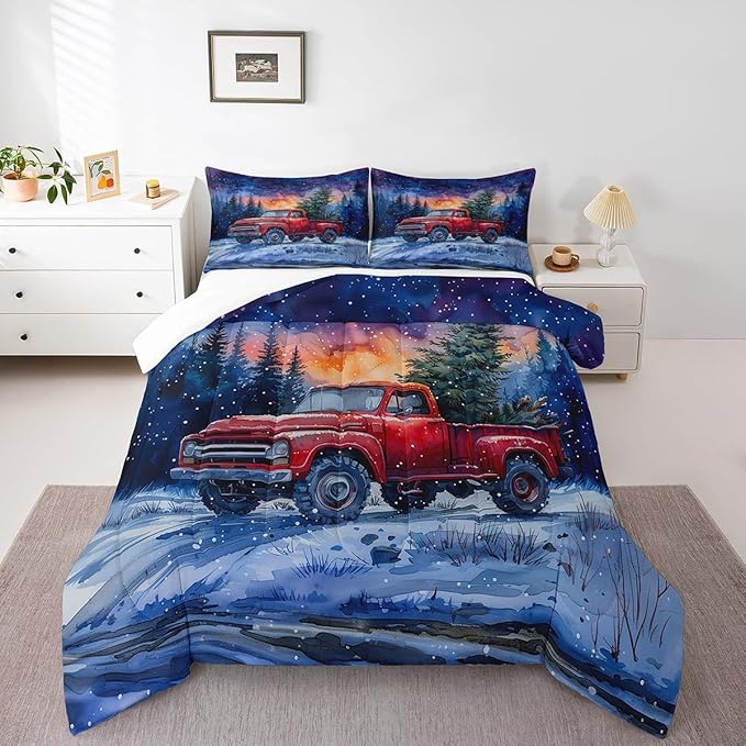 Red Truck Kids Bedding Set Full Size,Christmas Tree Snowflake Comforter Set for Teens Boys Girls Room Decor,Woodland Nature Scenery Duvet Insert 3Pcs,Merry Christmas Theme Quilt Set,2 Pillowcases