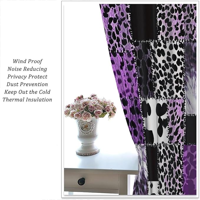 Brown Leopard Curtain, Purple Patchwork Cheetah Panthera Zebra Giraffe Print Safari Wildlife African Wild Animal Skin Window Curtains for Living Room Bedroom 63" W X 63" L