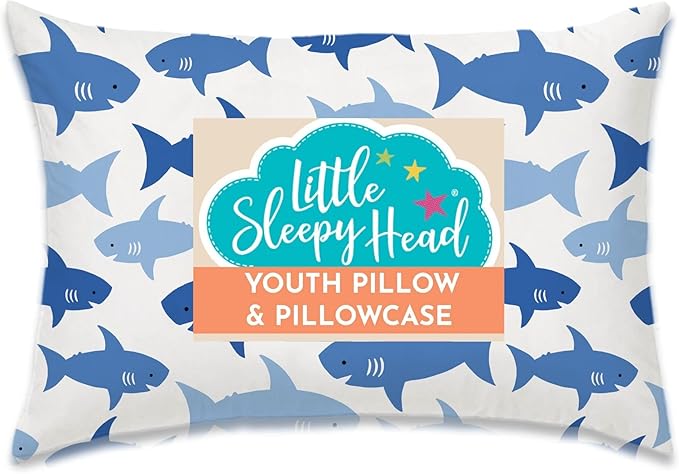 Little Sleepy Head Youth Pillow with Pillowcase 16x22, Soft Jumbo Toddler Pillows, Hypoallergenic Pillow Case - Best Kids Pillows for Sleeping, Perfect Kids Travel Pillows (Fintastic Friends)