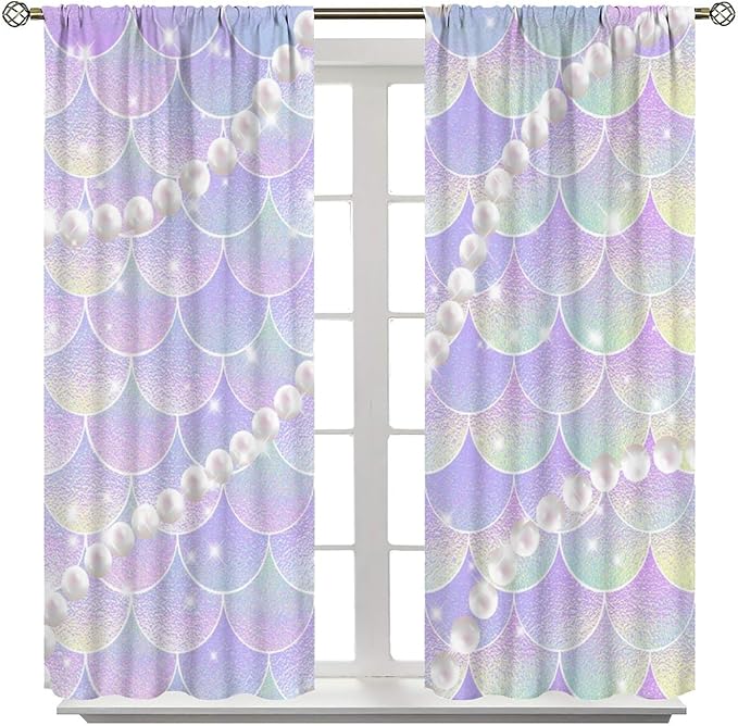 Mermaid Curtains, Gradient Color Pink Purple Pearl Ocean Theme Mermaid Fish Scale Print Decoration Suitable for Children Girls Bedroom Nursery Curtains 42x63 Inch