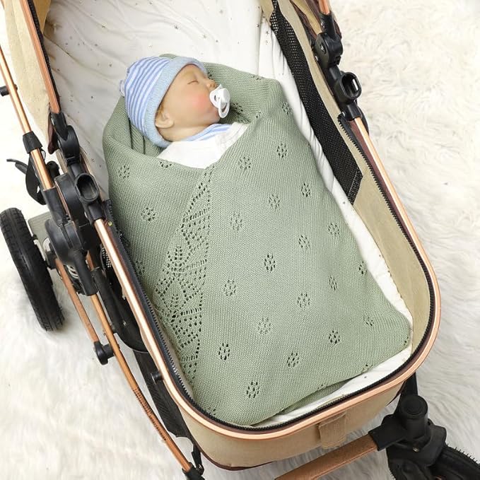 LAWKUL Cellular Blanket Baby 100% Cotton Knitted Soft Knit Crochet Blankets for Newborn Boy Girls Infants Green 100x80cm