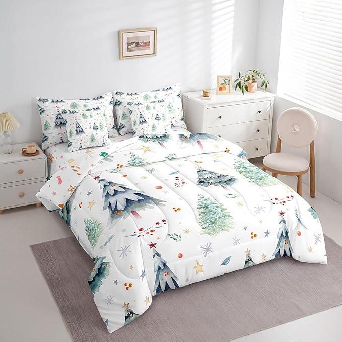 Feelyou Christmas Bed Set Xmas Tree Comforter Set with Sheets Snowflake Watercolor Blue Bed in a Bag for Kids Boys Girls Room Decor New Year Theme Bedding Set Bedroom Collection Twin Size