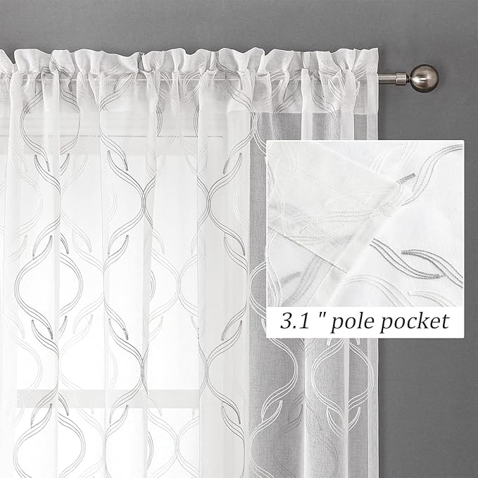 VISIONTEX Sheer Curtains 95 Inches Long 2 Panels Set, Grey and Ivory Moroccan Embroidery Texture Geometric Rod Pocket White Voile Tulle Semi Window Treatment Pair for Bedroom, W54 x L95