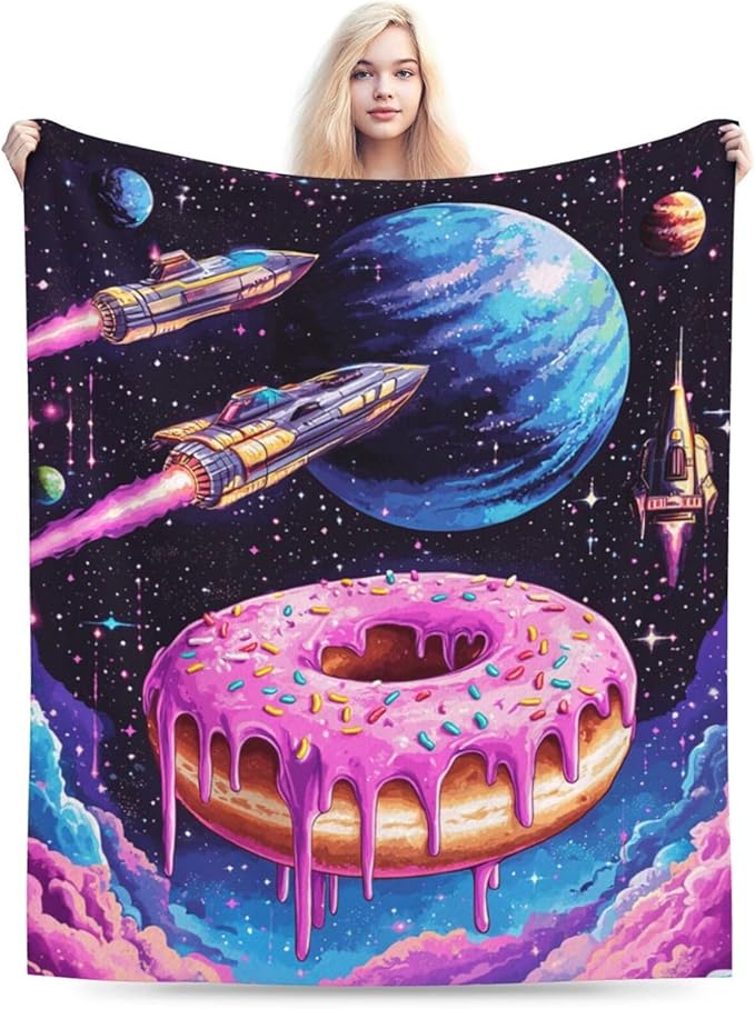 Donut Blanket Space Donut Decor Throw Blanket Super Soft Flannel Lightweight Fluffy Plush Cozy Fuzzy Fleece Food Blanket Gifts for Girl Boys Woman Man Kids Adults for Bed Sofa Couch 40"X50"