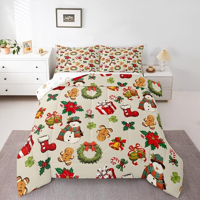 jejeloiu Merry Christmas Comforter Set Full Size Cute Snowman Bedding Set for Kids Boys Girls Gingerbread Man Duvet Quilt Beige Bedroom