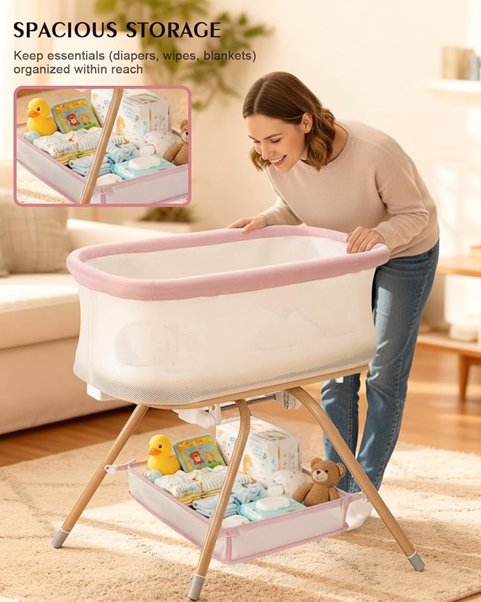 3 in 1 Baby Bassinet, Rocking Bedside Bassinet for Baby with Mesh Design & Soft Mattress, Bassinet Bedside Sleeper for Newborn Infant，Portable Nest with Storage Basket, Easy Assemble & Folding Pink