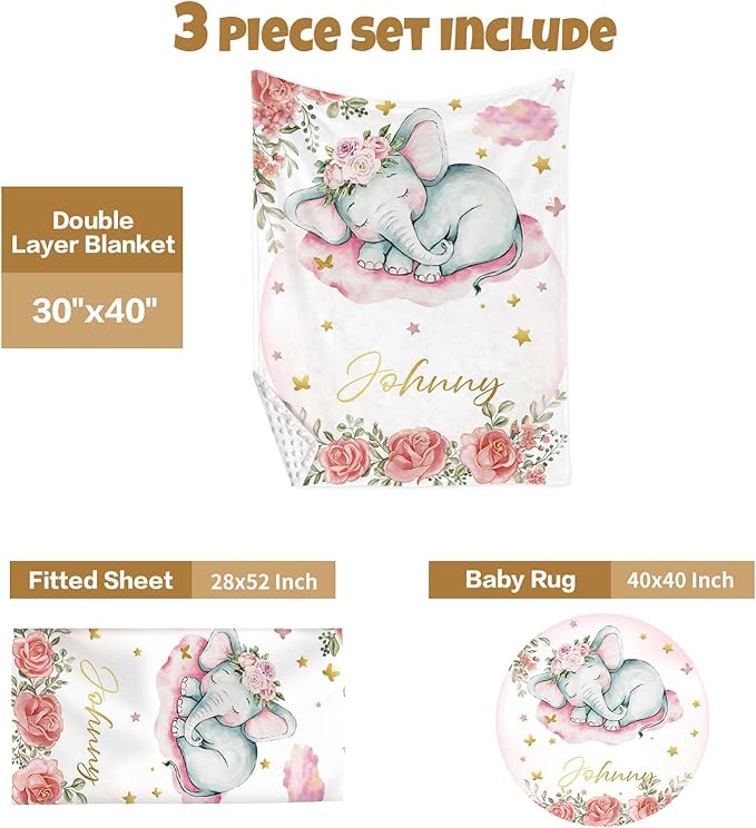 Custom Baby Crib Bedding Set, 3 Pcs Personalized Nursery Bedding Set with Name, Soft Baby Bedding Crib Sets with Blanket - Toddler Crib Sets for Girls Boys, Infant Newborn Gifts, Pink Elephant
