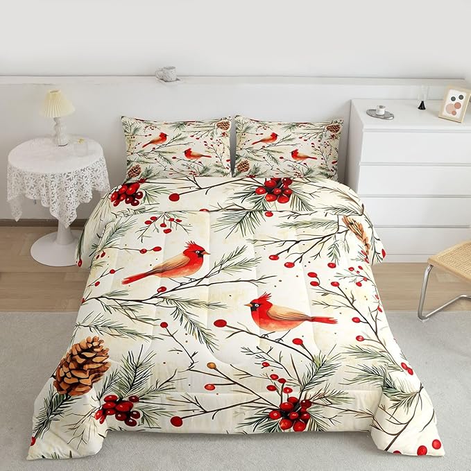 Feelyou Cardinal Bird Kids Comforter Set Full Size Pine Branch Bedding Set Red Berry Duvet Quilt for Kids Boys Girls Bedroom Pine Cone Decor Winter Christmas Pattern Microfiber Ultra Soft Breathable