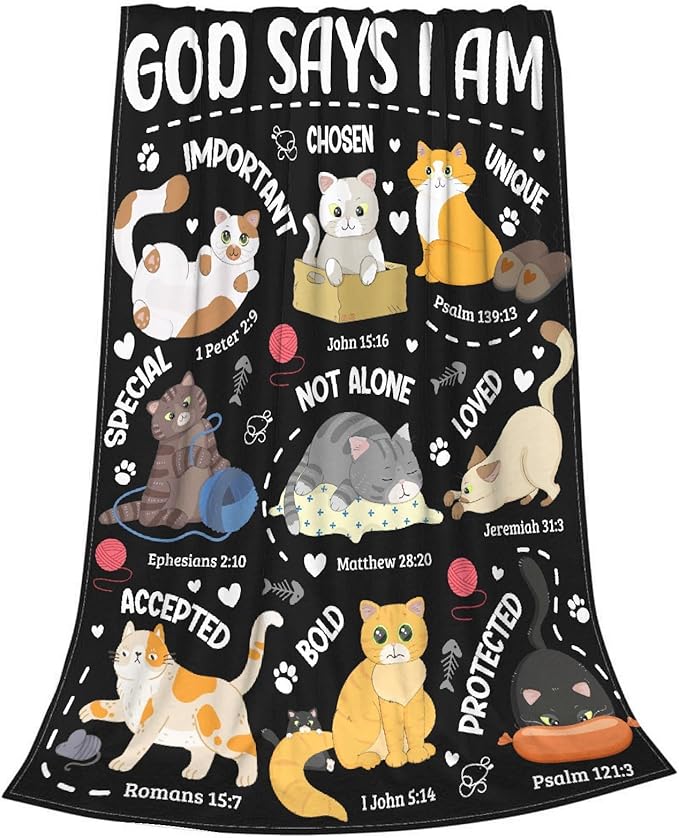 Cat Throw Blanket,Bible Verse Blanket, Christian Gifts, God Says I am Print Blankets, Meaningful Thoughtful Religious Gifts for Girls,Cat Lover Room Bed Decoration, 50"x60"