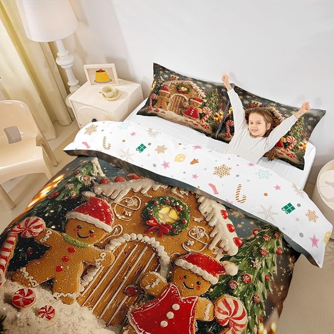 Feelyou Cute Gingerbread Man Duvet Cover Toddler Size Cartoon Christmas Bedding Set for Boys Girls New Year Holiday Comforter Cover Reversible Xmas Decor Bedroom Decor 2Pcs