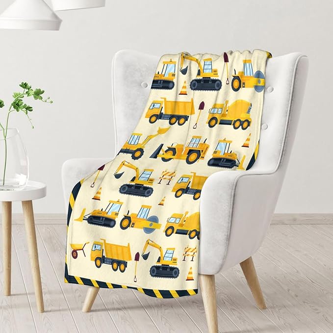 Construction Blanket for Kids - 30" x 40" Inches Cute Throw Blanket for Boys - Yellow Lightweight Furry Throw for Lap, Couch, Office