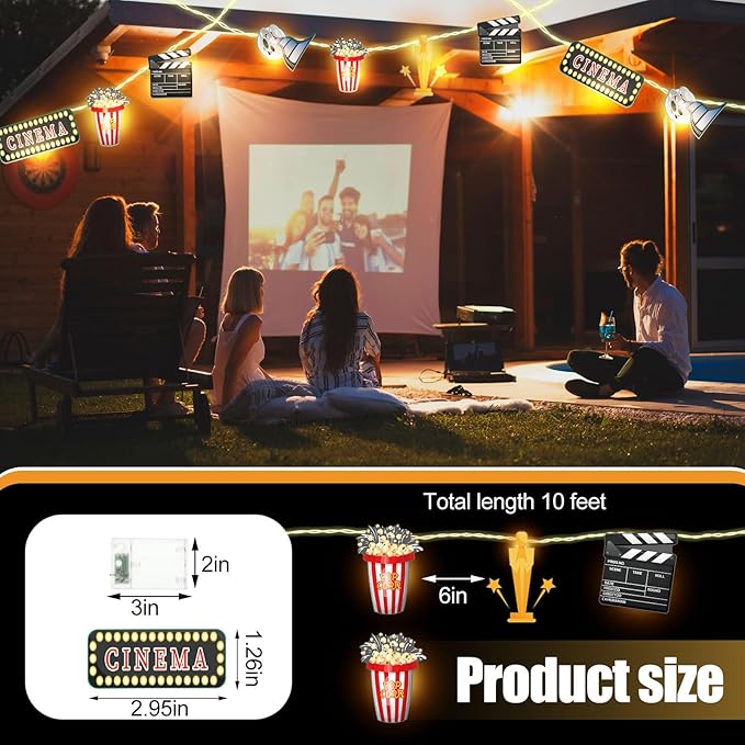 VIHOSE 10 ft Movie Night Decorations Movie Night Party Supplies 20 LED String Lights Battery Operated Backyard Movies Nights Movies Theater Themed Decor for Film Festival Home Film Birthday Party