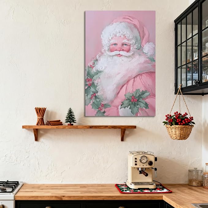 YONICA Christmas Canvas Wall Art Pink Santa 18x24 Inch Soft Pastel Holiday Art for Nursery - Large Framed Gallery Wrapped Kids Room Decor