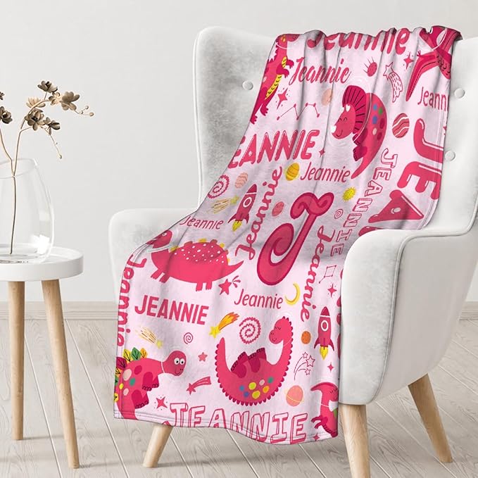 Dinosaur Lover Astronaut Personalized Blanket with Name Custom Pink Dinosaur with Name Flannel Blanket Soft Throw Meaningful Gift for Toddlers Girls Boys Kids Pets 80 * 60" L for Adult