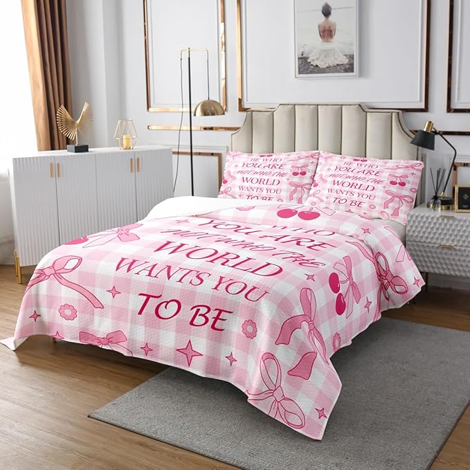 Manfei Pink Bowknot Kids Bedspread Twin Size,Cherry Star Daisy Flowers Princess Coverlet Set,Girls Women Room Decor,Bow Tie Geometric Plaids Quilted Coverlet,Cute Dreamy Bedding Quilt,1 Pillowcase