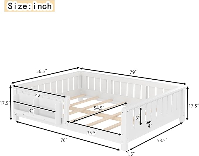 Bellemave Full Size Floor Bed with Slats and Safety Guardrail, Full Size Montessori Floor Bed with Fence and Built-in Bookshelf, Easy Assemble Montessori Beds for Kids, Girls, Boys, White