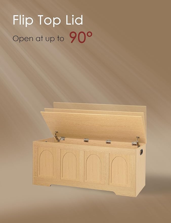 DINZI LVJ Storage Chest, 47.2" Rattan-Like Toy Box with 2 Safety Hinges, Wooden Entryway Storage Bench with Flip-Top, Large Trunk for Living Room, Bedroom, Easy Assembly, Natural