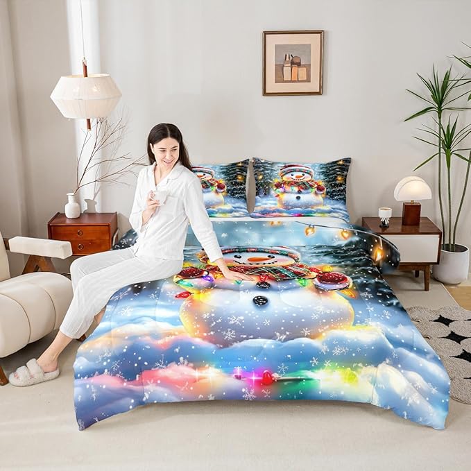 Lovely Snowman Kids Comforter Set Twin Size,Xmas Colorful Lanterns Snowflake Bedding Set Boys Girls Room Decor,Winter Merry Christmas Quilt Comforter,Rainbow Duvet Set Bedroom Quilt Set,1 Pillowcase
