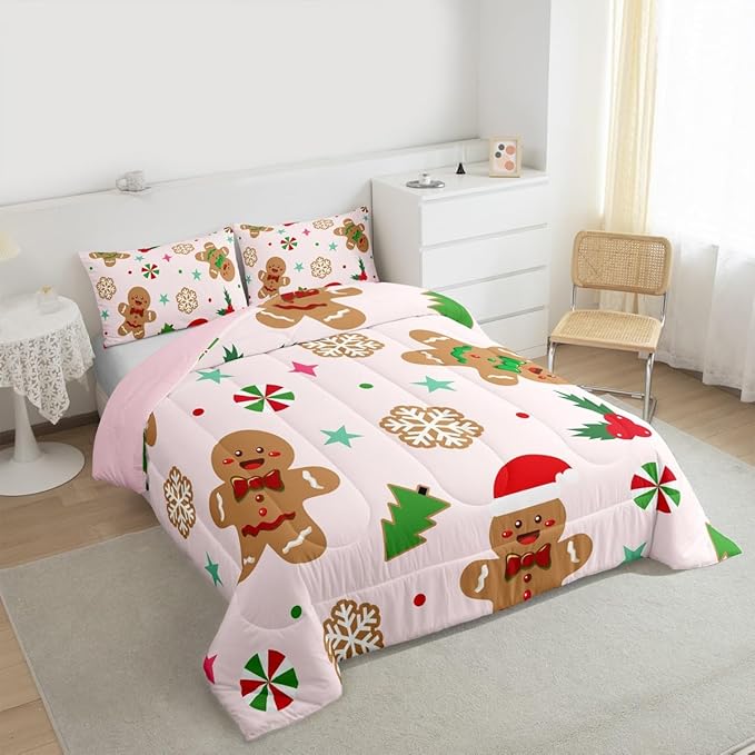 Feelyou Merry Christmas Kids Comforter Set Queen Size Gingerbread Man Bedding Set Xmas Tree Duvet Quilt for Kids Boys Girls Bedroom Red Berries Snowflake Decor Microfiber Ultra Soft Breathable