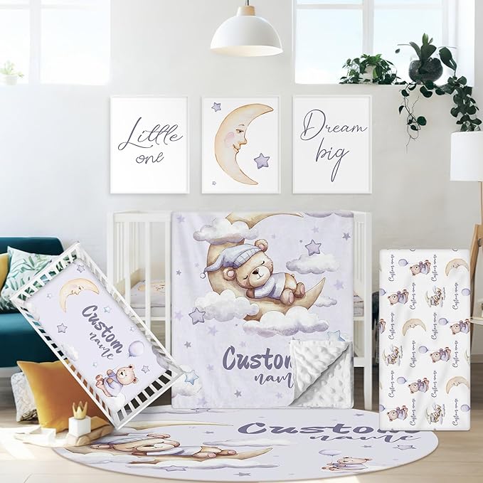 Personalized Crib Bedding Set, 5 Pcs Custom Name Crib Bed Set, Double Layer Nursery Bedding Sets Baby Girls Boys, Purple Bear Baby Crib Set for Infants Toddlers Kids Customized Gifts