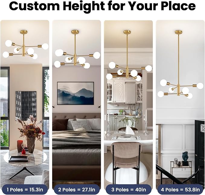 Modern Sputnik Chandeliers Light, 6-Light Gold Dining Room Chandelier Over Table, E26 Mid Century Ceiling Light Fixtures Height Adjustable Hanging Pendant Lighting for Entryway Foyer