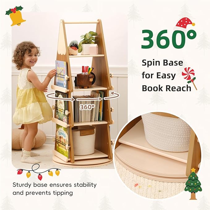 Solid Wood Kids Bookshelf, 4 Tier Rotating Bookshelf, 360° Revolving Bookcase Floor Standing Tree Book Shelf for Kids Rooms, Living Room, Nursery
