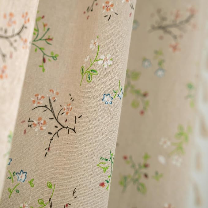 ENJOYBRIDAL Floral Farmhouse Curtains Semi-Blackout Living Room Drapes 96 Inch Length Cotton Linen Blend Bohemian Window Curtain Panels with Tassel Beige Rod Pocket Bedroom Drapes, 1 Panel