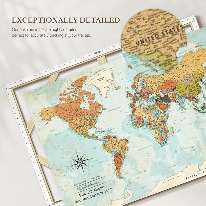 ElephantStock - Personalized Wanderer Push Pin World Map Wall Art - Horizontal Canvas Wall Art - Living Room Wall Decor - Digital Art Map Canvas Art - Orange And Blue Decor - 30" x 20"