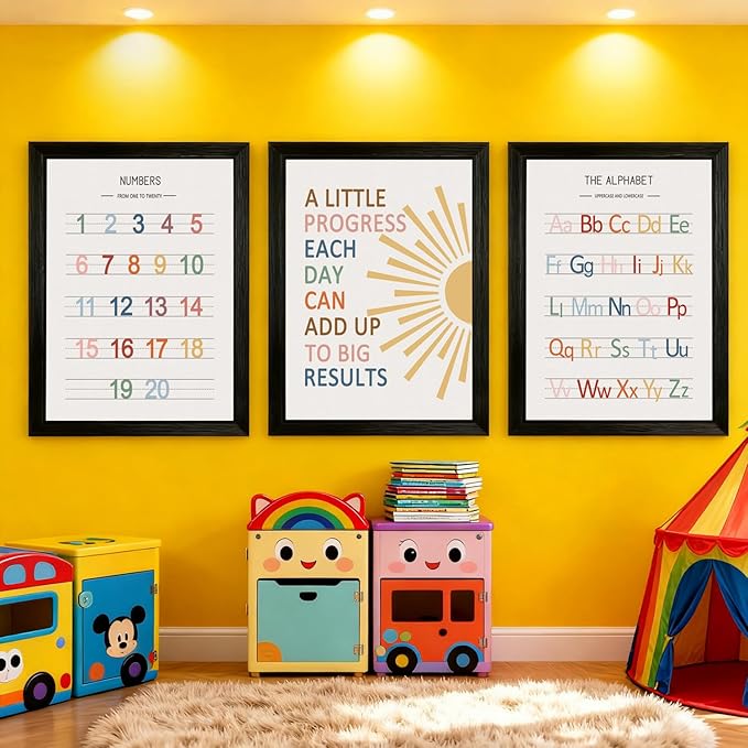 3 PCS Alphabet Numbers Framed Playroom Wall Decor,Classroom Must Haves,A Little Progress Each Day Boho Educational ABC Poster Wooden Sign for Baby Girl Kid Boy Toddlers,Neutral Preschool English Letters Nursery Decor for Homeschool Kindergarten Kids Le...