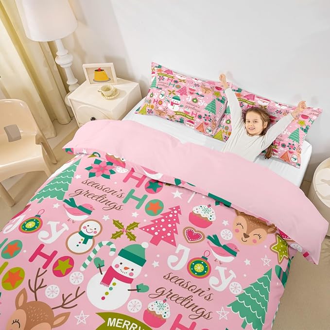 Feelyou Kids Pink Merry Christmas Bedding Set Queen Merry Christmas Tree and Snowman Duvet Cover for Bedroom Decor Xmas Comforter Cover Set Snowflake Holiday Bedspread Cover with 2 Pillow Case