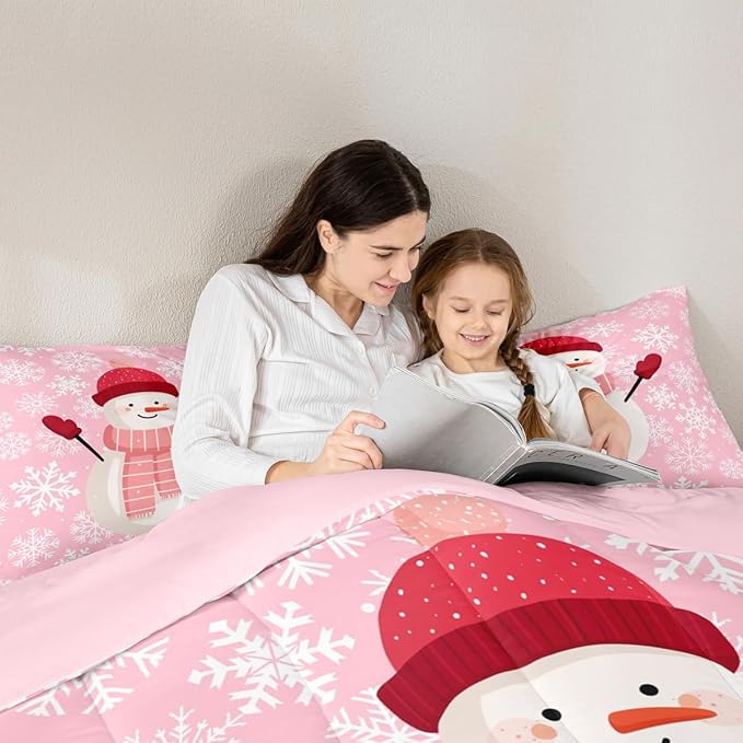 Feelyou Christmas Bedding Set Soft for Boys Girls, Snowman Pink Comforter Set King Size Xmas Snowflakes Duvet Quilt Microfiber Winter Snow Bedroom Decor 3 Pcs with 2 Pillow Cases