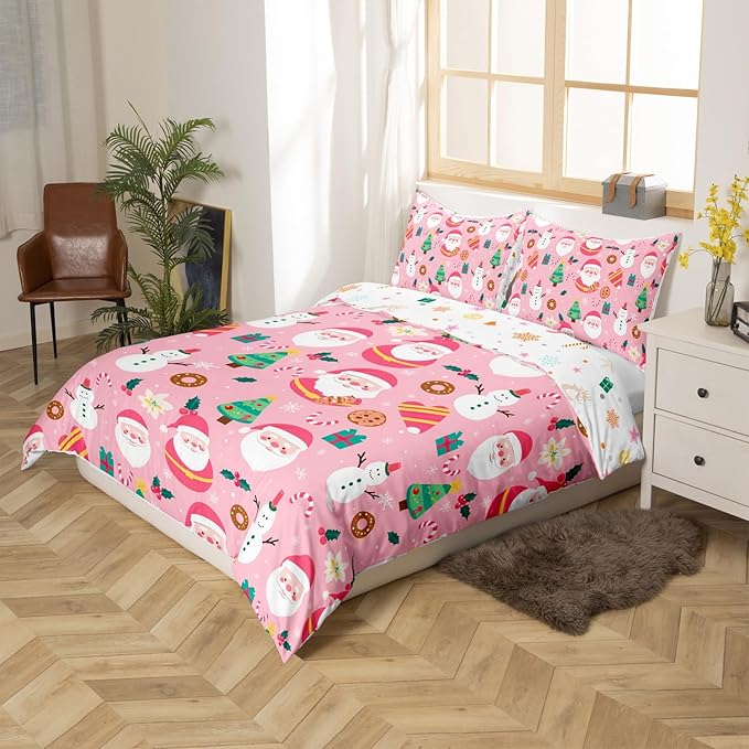 Christmas Santa Comforter Cover Full Size Cute Snowman Duvet Cover Xmas Holiday Bedding Set Gifts for Kids Boys Girls,Christmas Tree Snowflake Candy Decor 2 Pillow Cases Pink