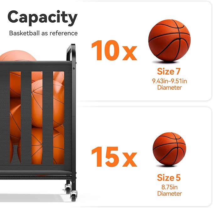 niffgaff Large Rolling Ball Storage Cart – Metal Ball Bin with Lockable Wheels and Elastic Straps, Holds Basketballs, Soccer Balls, Toys and Sports Equipment, Indoor & Outdoor Organizer – Black