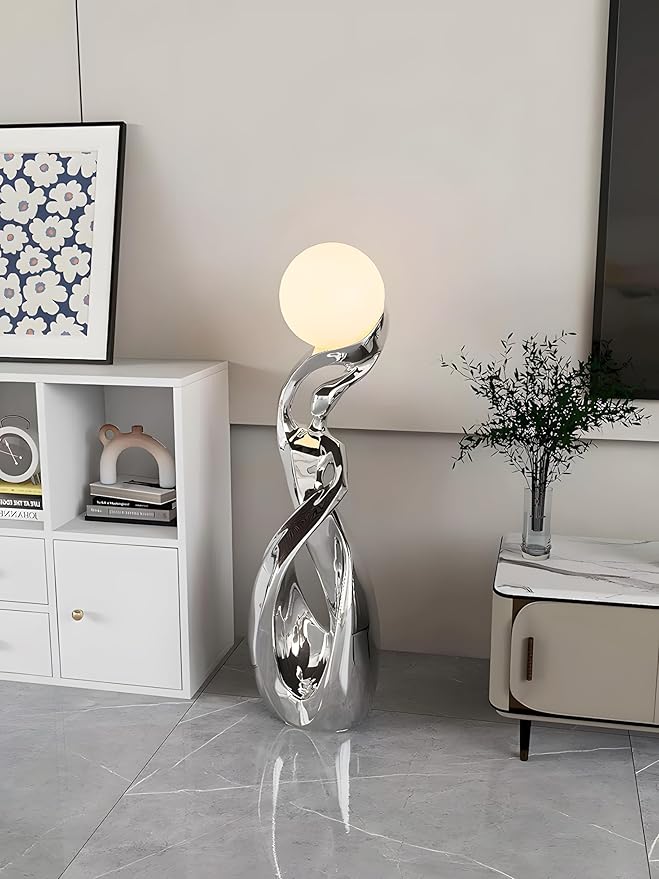 Bofea-Modern Floor Lamps for Living Room,Funky Lamp,Modern Silver Floor Lamp with 3D Moon Lamp,4 Different Light Colors Led Standing Lamps for Living Room Bed Room Office
