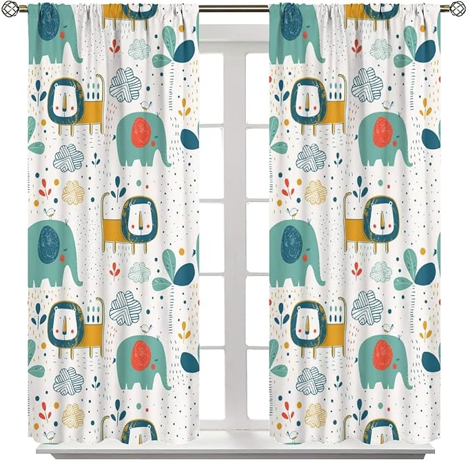 Cute Lions Blackout Curtains for Kids Bedroom,Cartoon Tropical Plants Birds Elephants Print Pattern Window Drapes,Funny Animal Thermal Insulation Curtain for Nursery Baby Room 55x63in